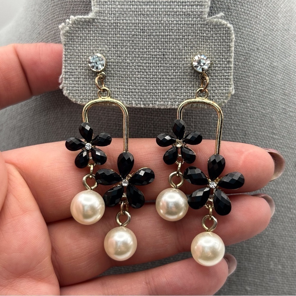 Gold Tone Stud Dangle Earrings with Black Enamel Flowers and Faux Pearls - Picture 2 of 4